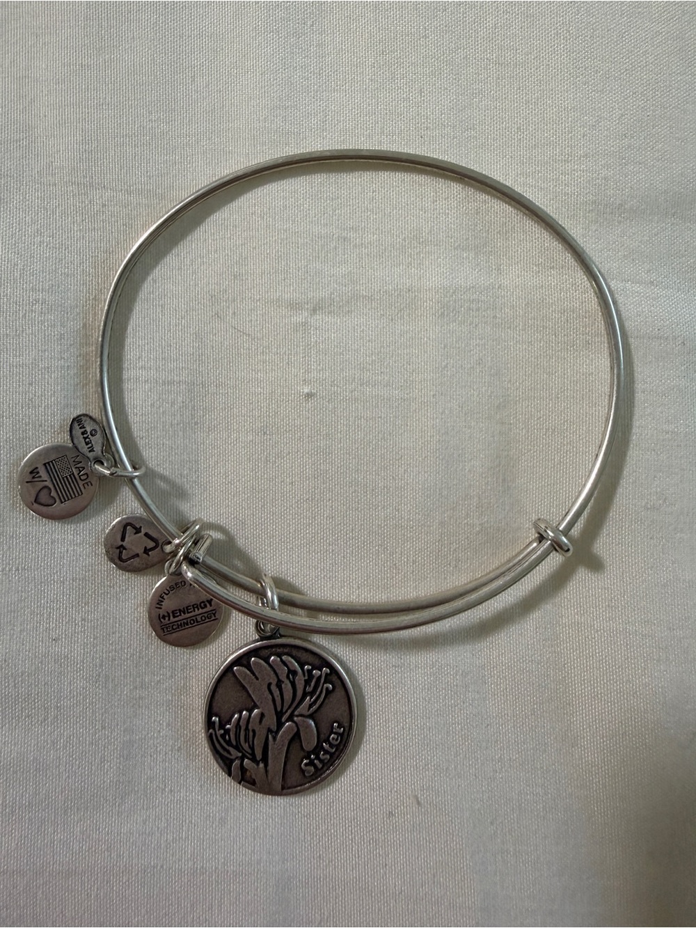 Alex and Ani Silver Tone Bangle Bracelet with Sisters Charm